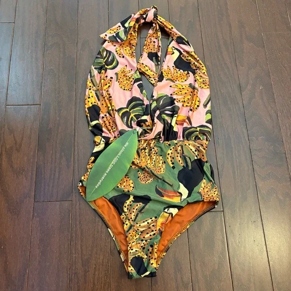 FARM RIO One Piece Swimsuit Toucananas Plunge Halter Bathing Suit Tropical NWT - Picture 3 of 9